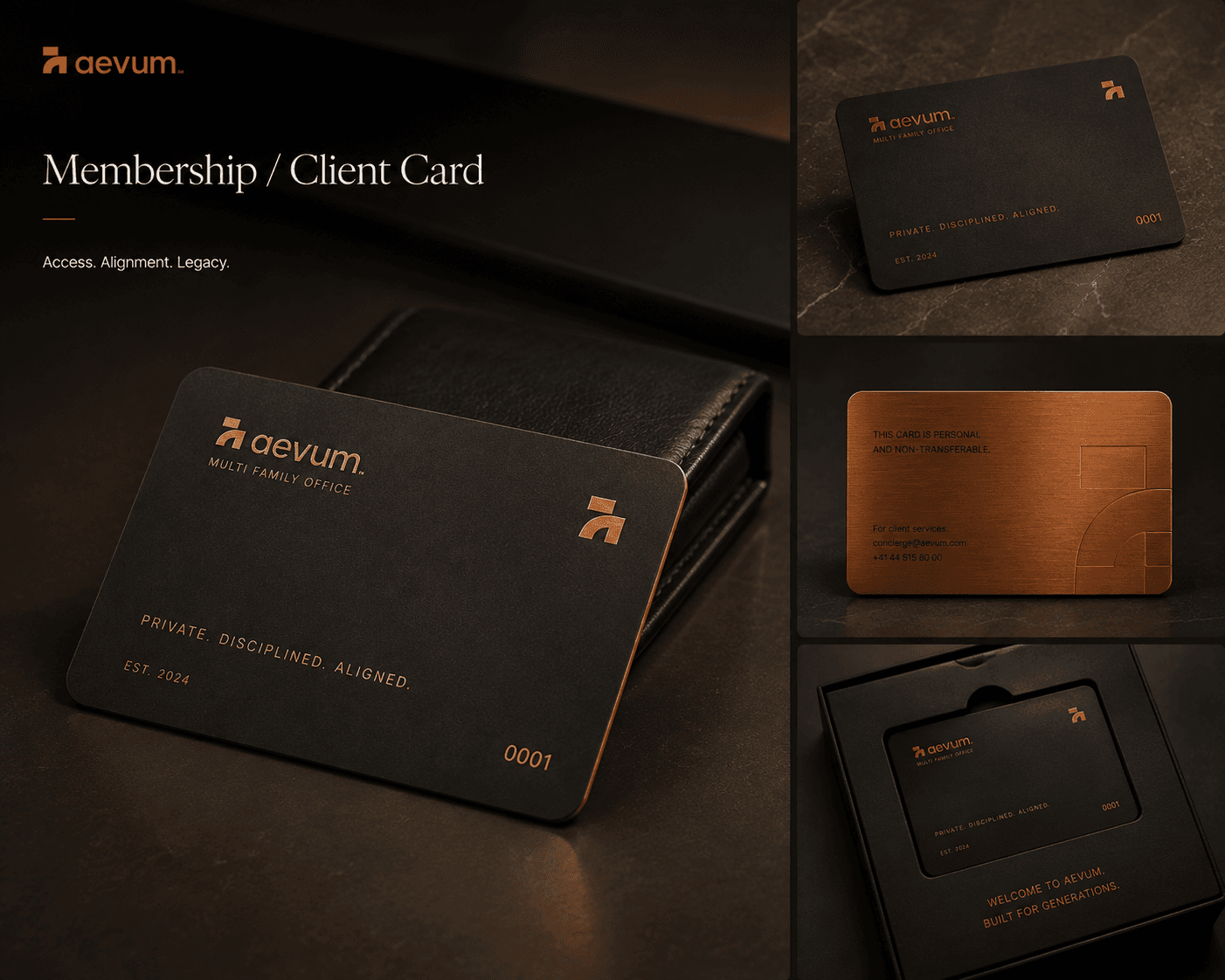 The Aevum membership card — matte black with a copper edge, numbered 0001, shown front, back and in its presentation box
