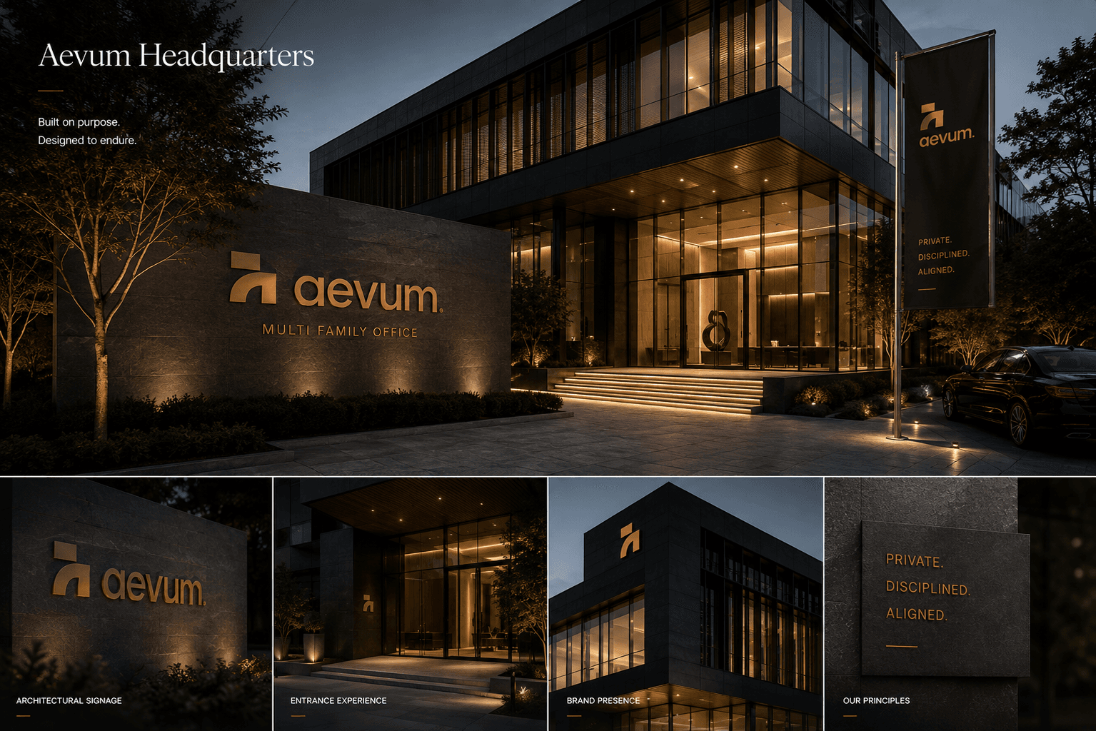 Aevum headquarters at dusk — the logotype lit on a stone wall, a “Private. Disciplined. Aligned.” banner at the entrance and detail shots of the signage and facade