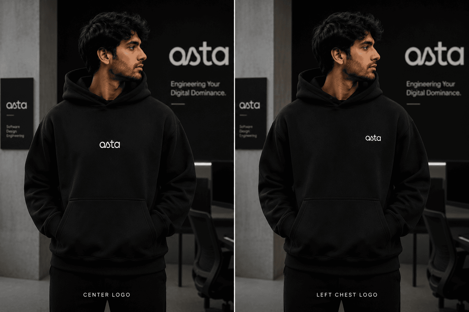 The Asta hoodie shown two ways, centre chest and left chest, worn against the office wall logotype