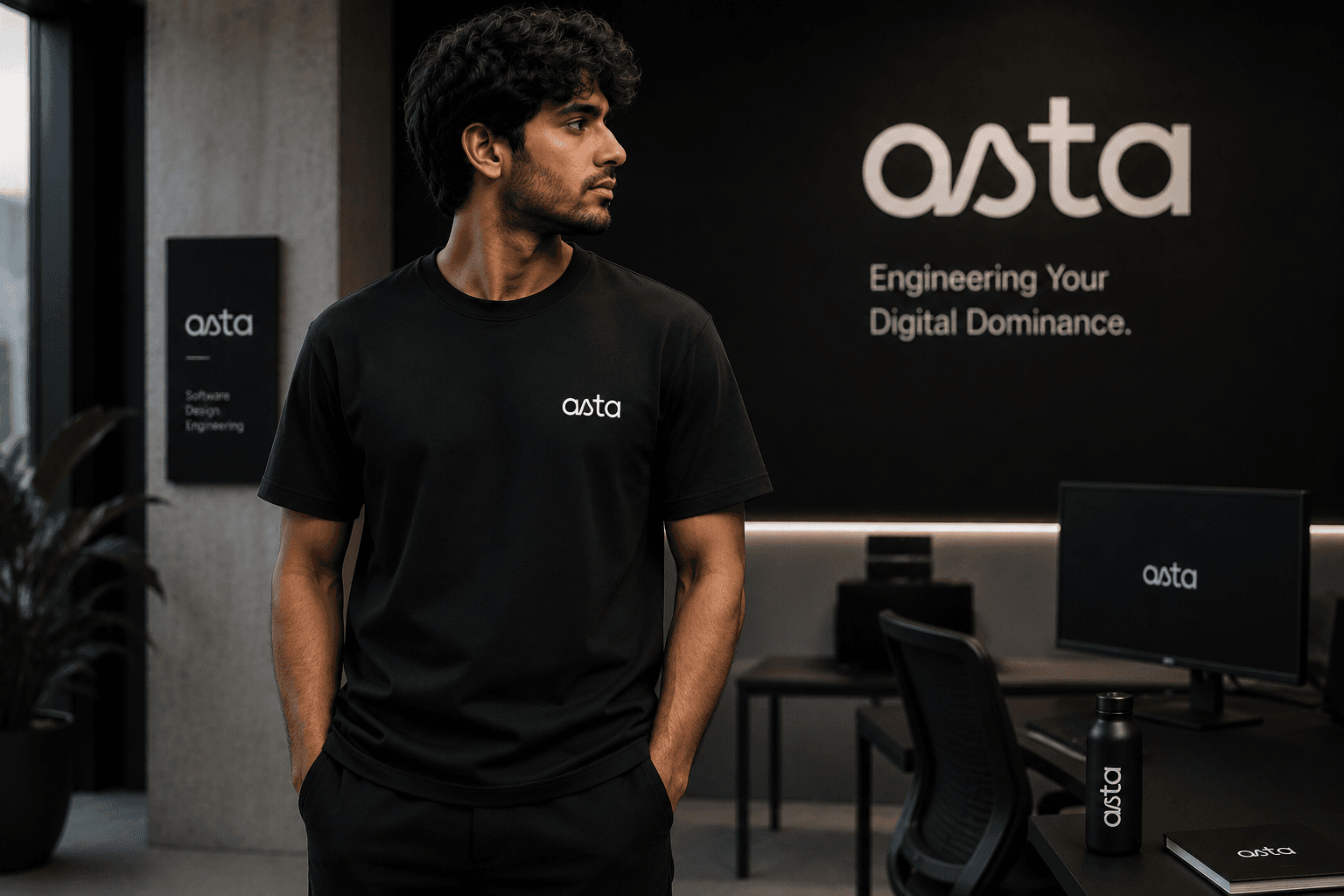 A member of the Asta team in the branded t-shirt in front of the office wall logotype