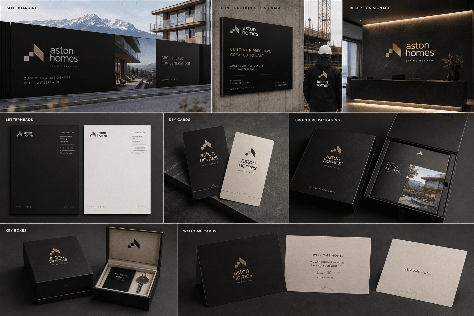 The identity applied to the site hoarding, construction signage and reception wall, letterheads, key cards, brochure packaging, key boxes and welcome cards