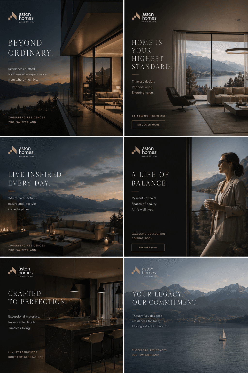 Six campaign frames, from “Beyond ordinary.” and “Home is your highest standard.” to “Your legacy. Our commitment.”, each over a Zugerberg Residences interior or lake view