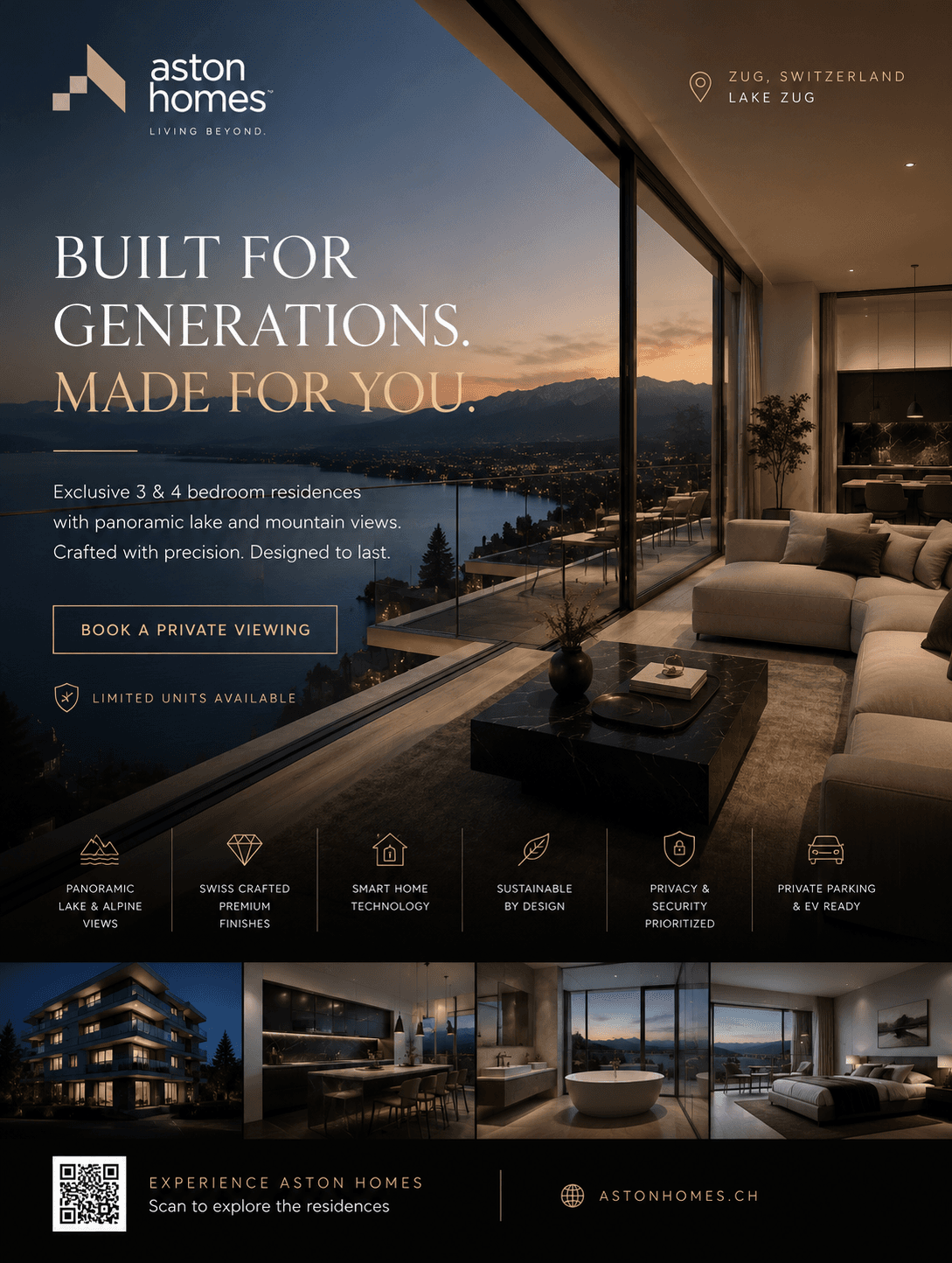 The Aston Homes press advertisement, “Built for generations. Made for you.” over a living room at dusk above Lake Zug, with the six residence features and a code to book a private viewing