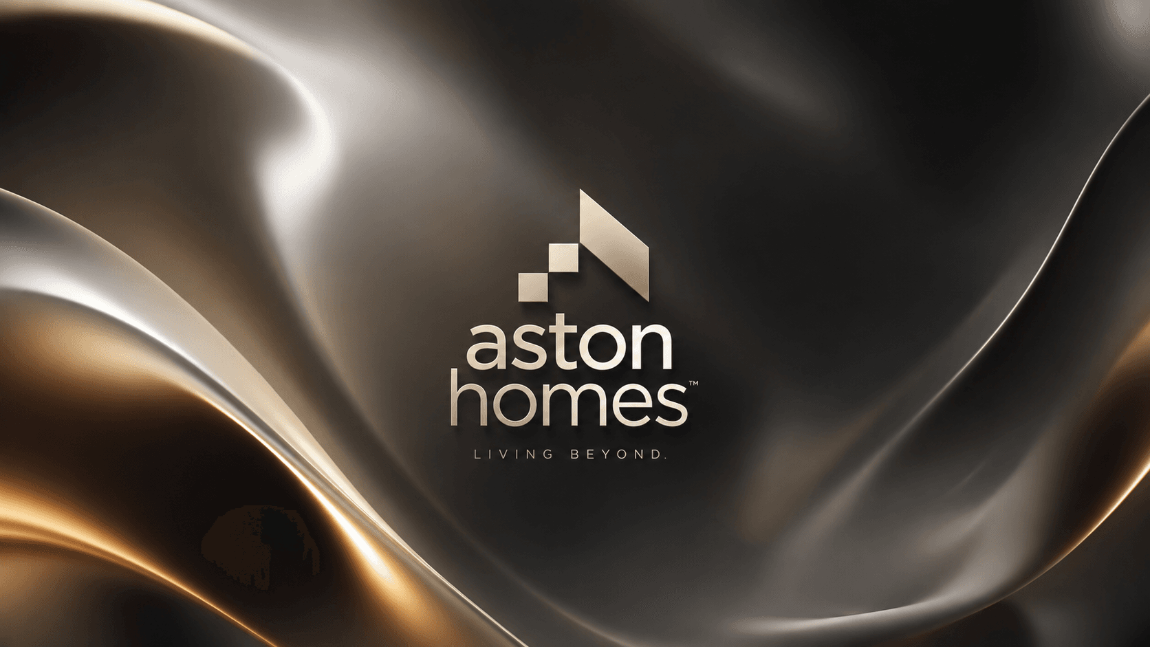 The Aston Homes logotype in champagne gold over dark satin, above the line “Living beyond.”