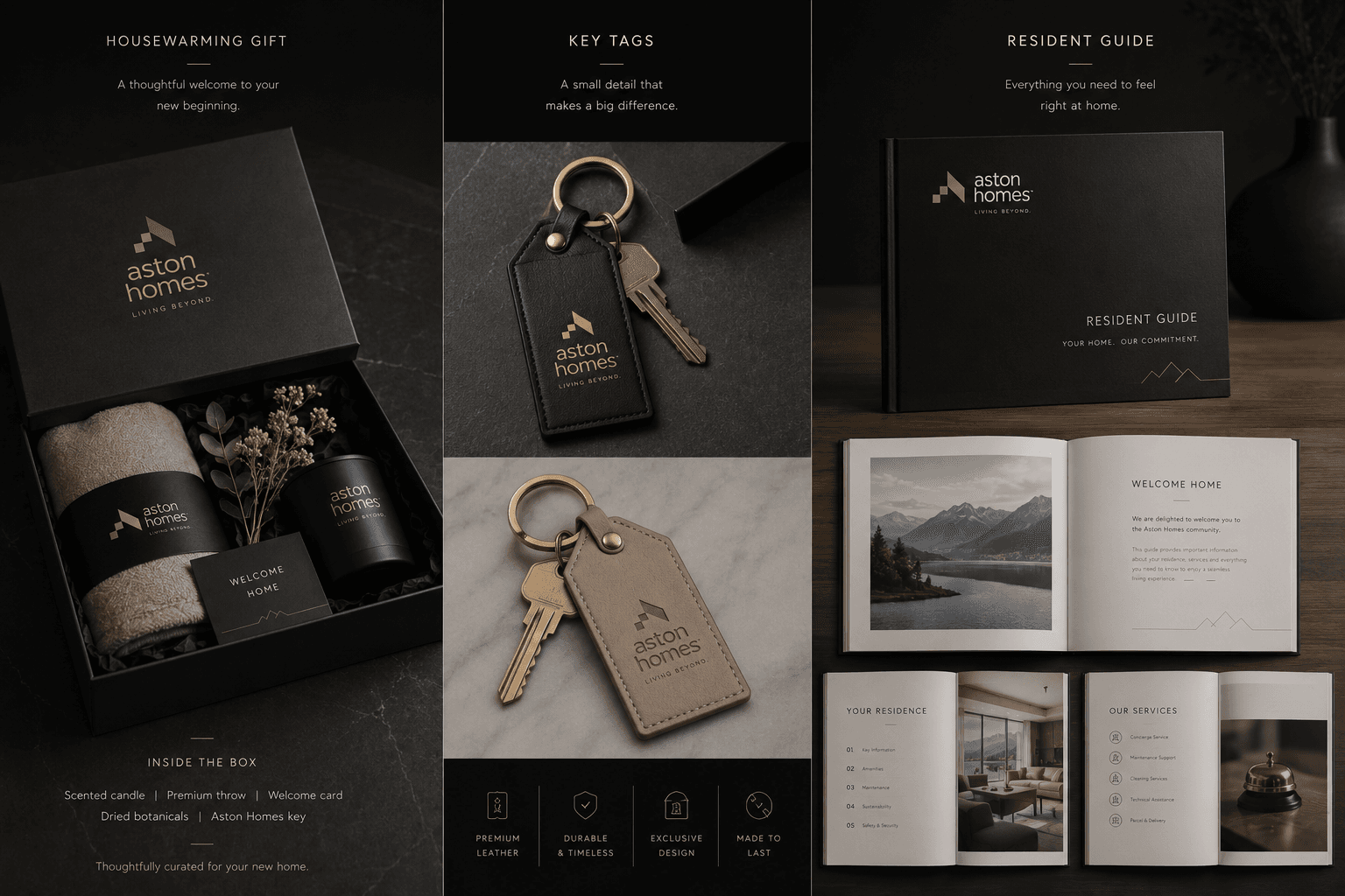 The Aston Homes welcome collection, a housewarming box holding a candle, throw and welcome card, leather key tags, and the bound resident guide