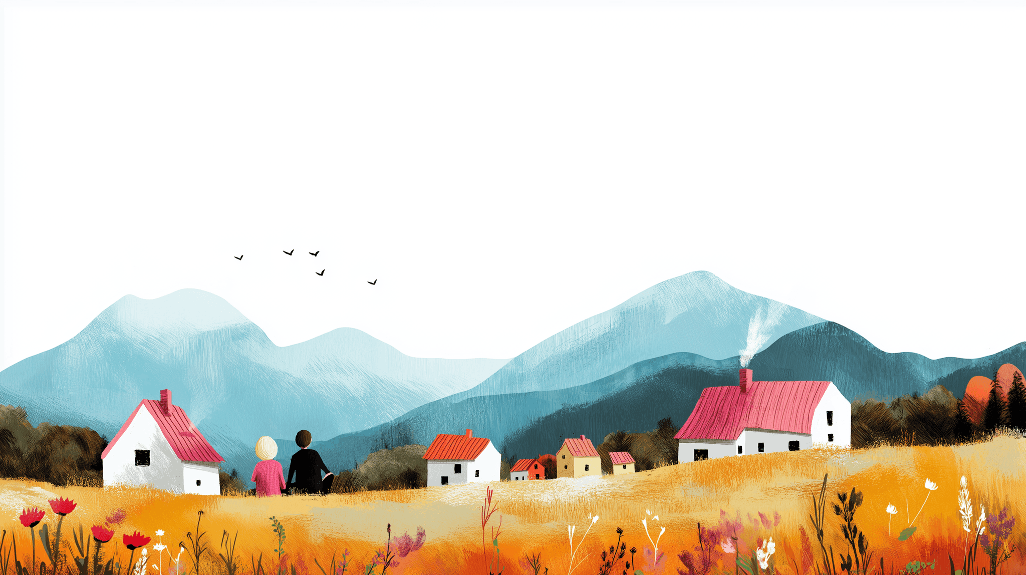 Painting of houses on a hill at sunset