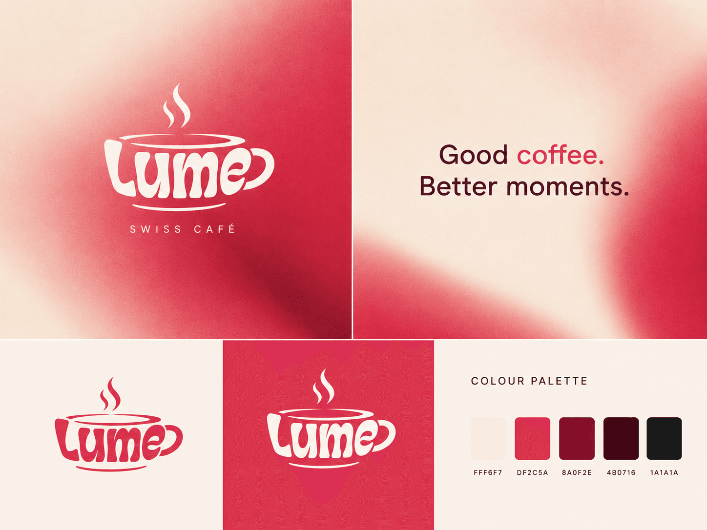 Lume brand system sheet — the cup logotype in cream and red, the line “Good coffee. Better moments.” and the colour palette