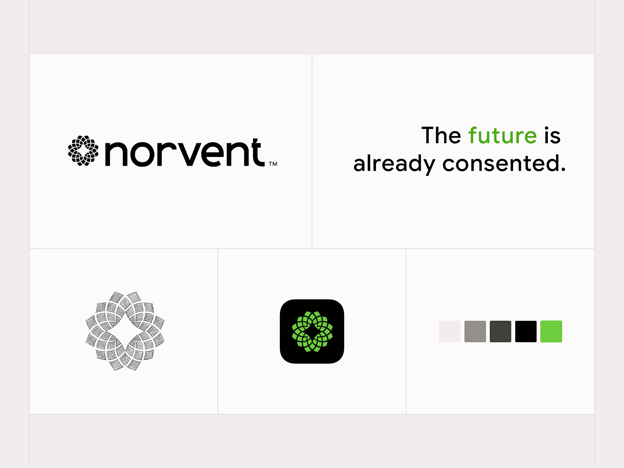 Norvent brand system sheet — logotype, the line “The future is already consented.”, the rosette mark drawn as a plan-view site map, app icon and colour palette