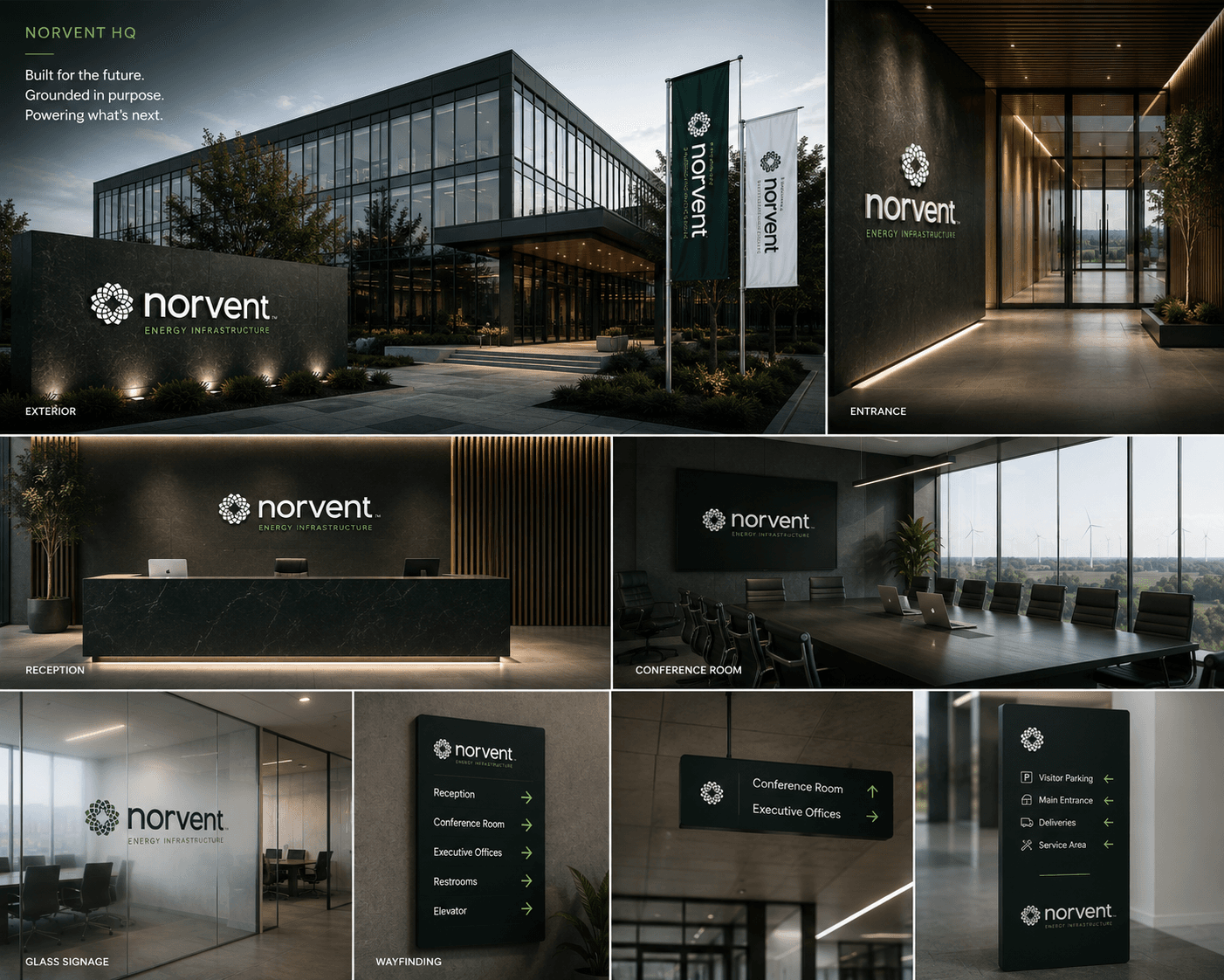 Norvent headquarters board — the exterior and lit entrance, reception desk, conference room overlooking a wind farm, and the glass and wayfinding signage