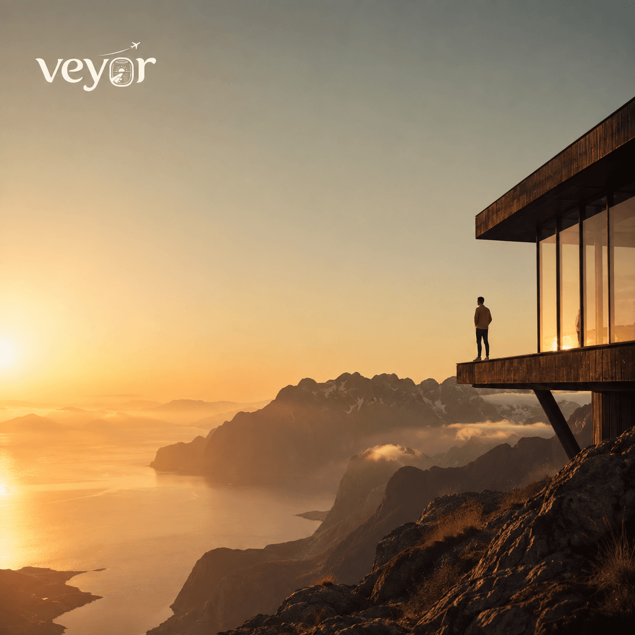 Campaign post — a clifftop lodge above the water at sunrise, the Veyor logotype at the top left