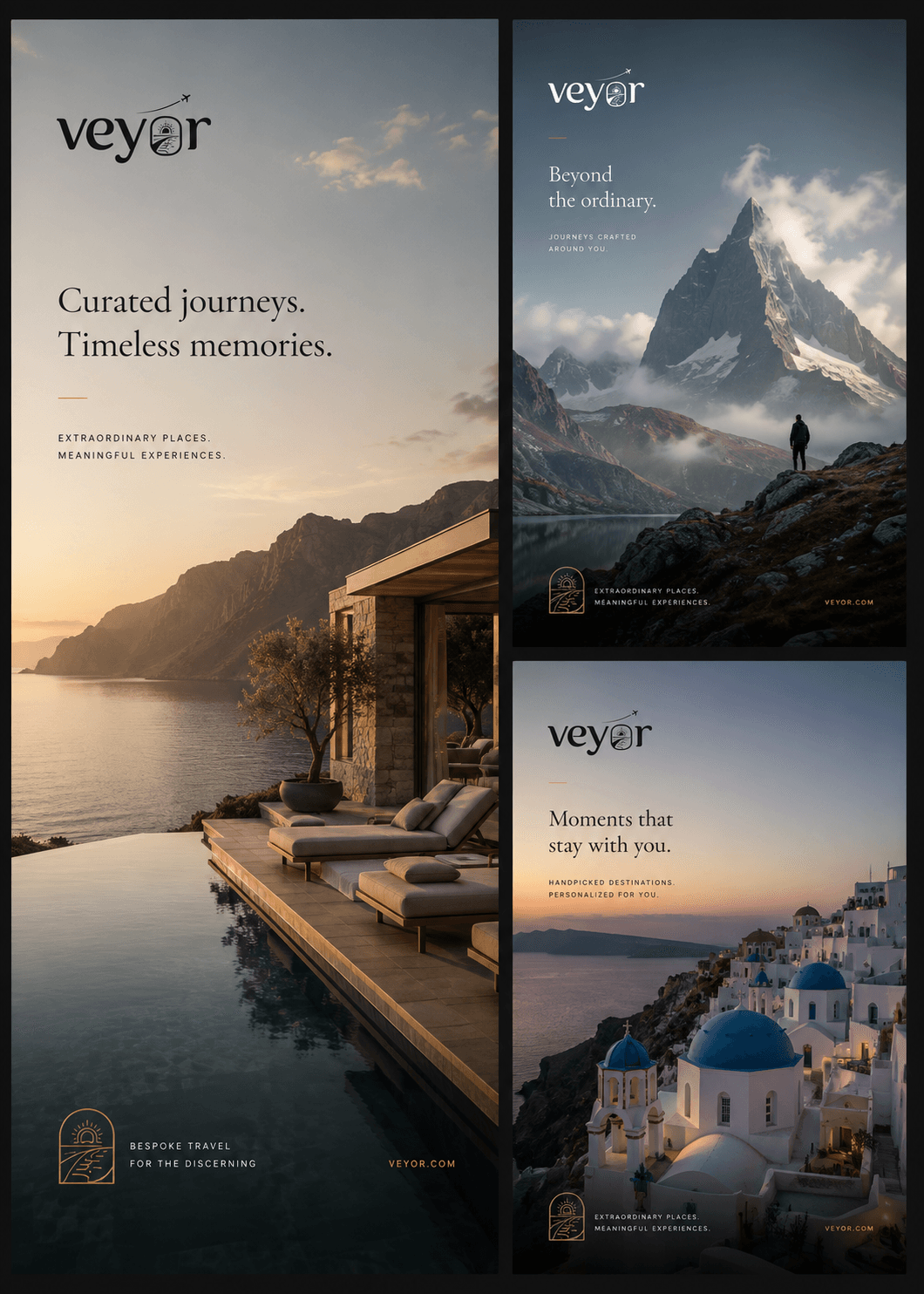 Three Veyor campaign posters — “Curated journeys. Timeless memories.”, “Beyond the ordinary.” and “Moments that stay with you.”